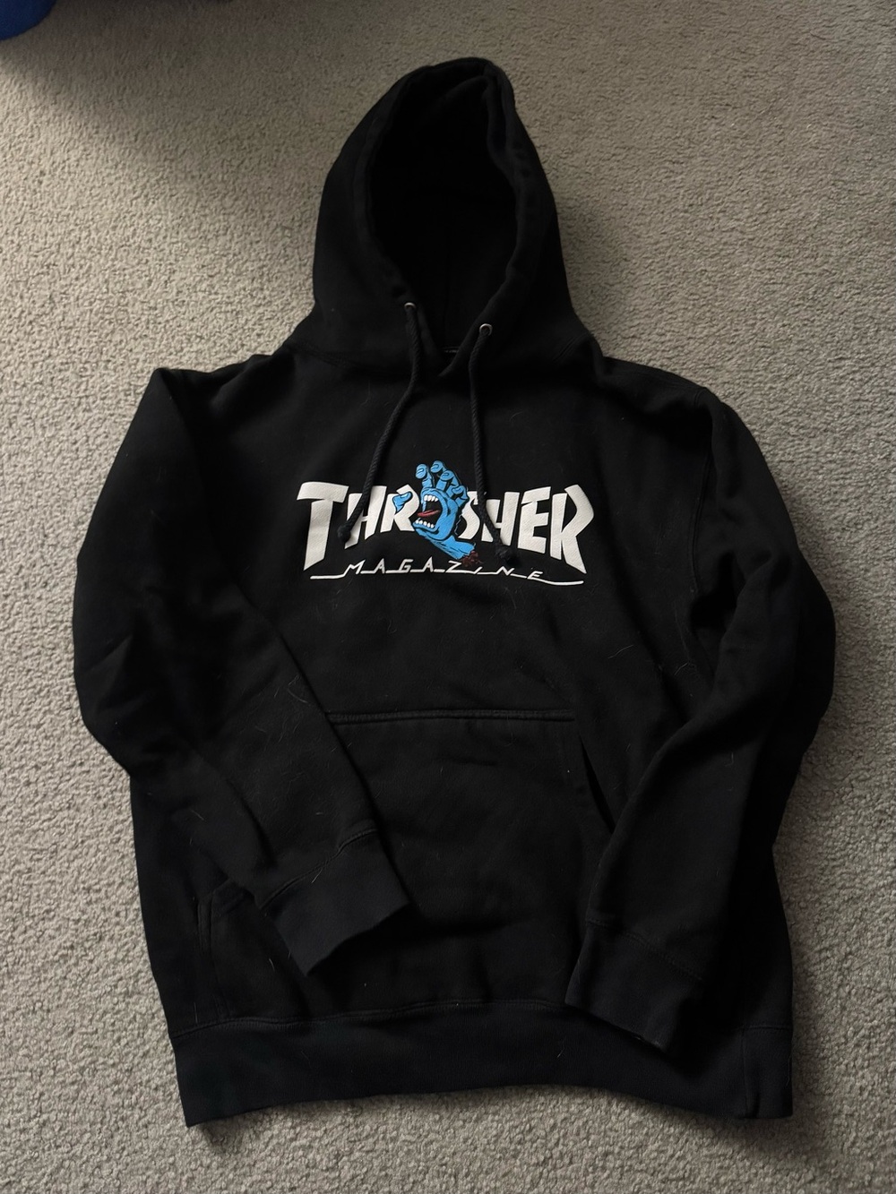 Thrasher Black Hoodie with White Logo and Blue Graphic
